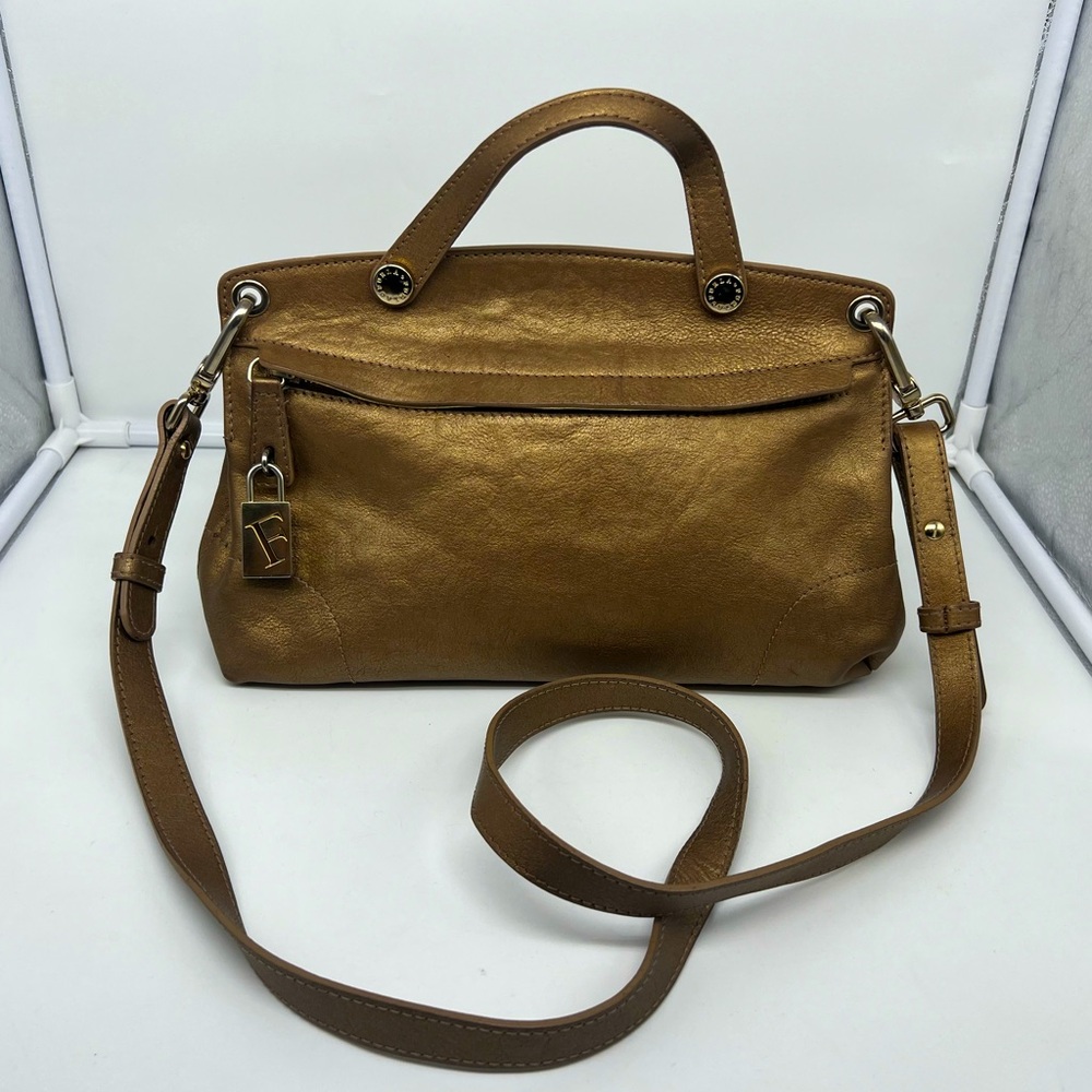 FURLA Piper Metallic Bronze Leather Gold Hardware Top Handle Crossbody Bag